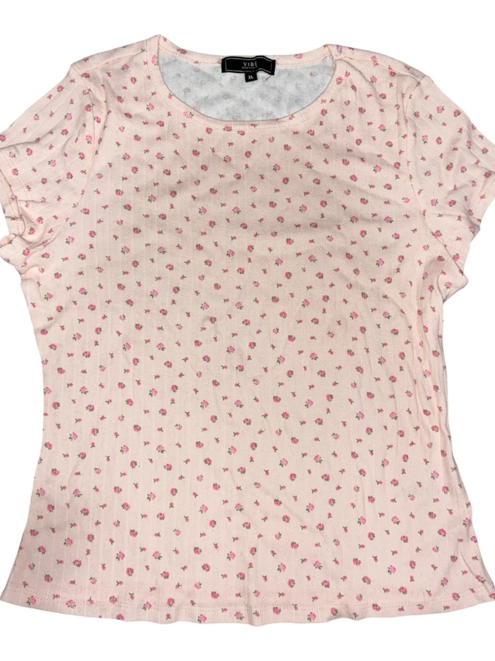 Vibe Soft Pink Floral Ribbed Tee - size XL